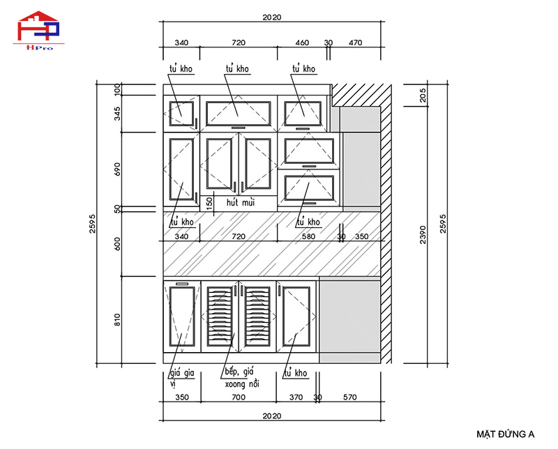 Bản vẽ 2D mặt đứng tủ bếp gỗ sồi Nga, chi tiết cho dự án nội thất phòng ngủ gỗ sồi nga