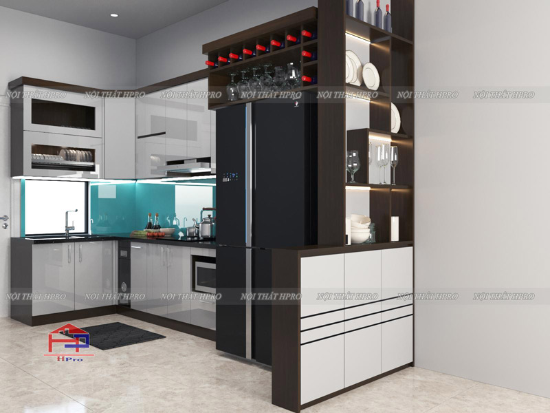 Tủ bếp acrylic đẹp TBAC111 kết hợp vách trang trí nhà anh Bình ...