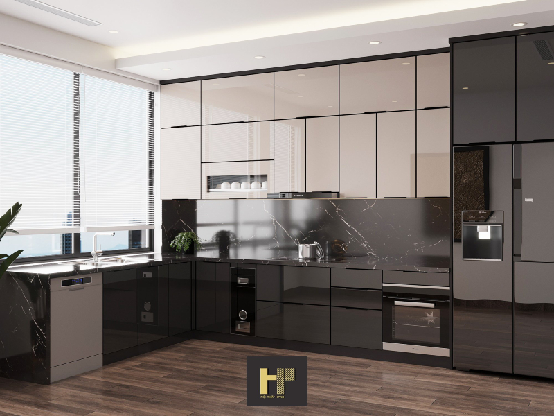 Tủ bếp cánh kính bao gồm 3 phần chính là thùng tủ, cánh tủ và các phụ kiện đi kèm