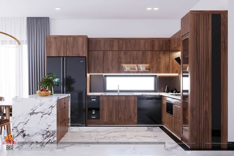 Tủ bếp Veneer bền, không cong vênh và có tính thẩm mỹ cao