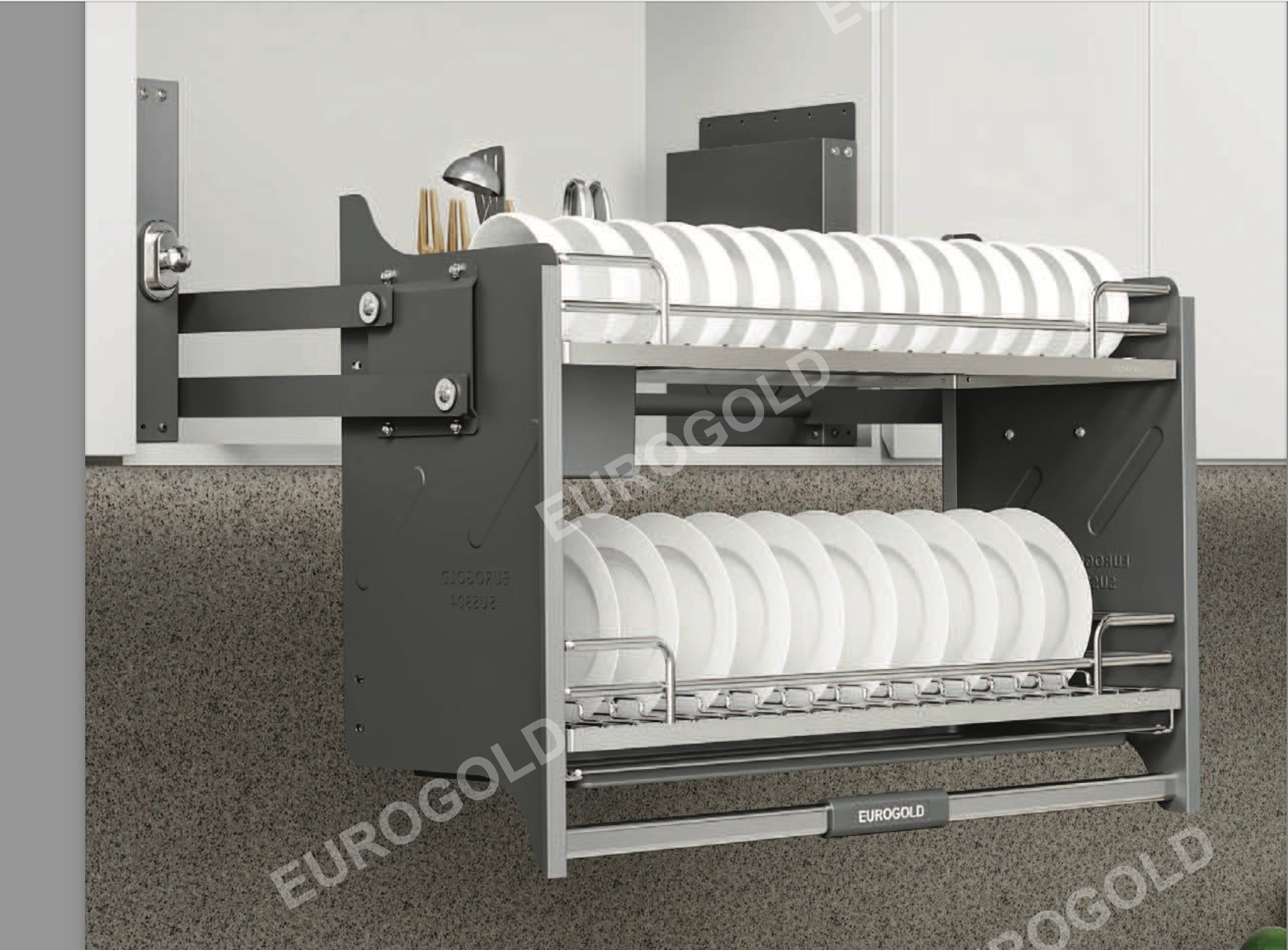 Giá úp bát nâng hạ inox304 - Khung nan dẹt xước mờ cao cấp EVI980G