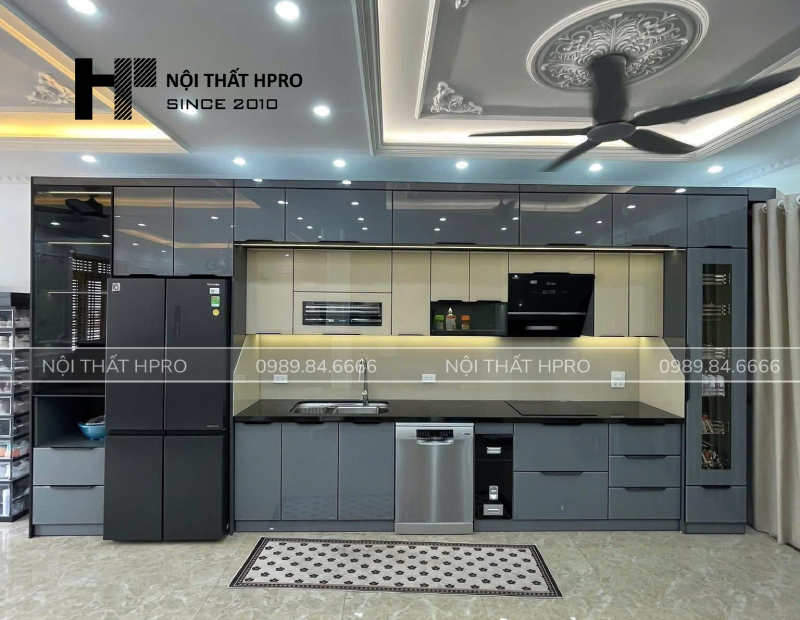 tủ bếp cánh kính TBCK15 thùng inox 304 dáng chữ I thẳng 