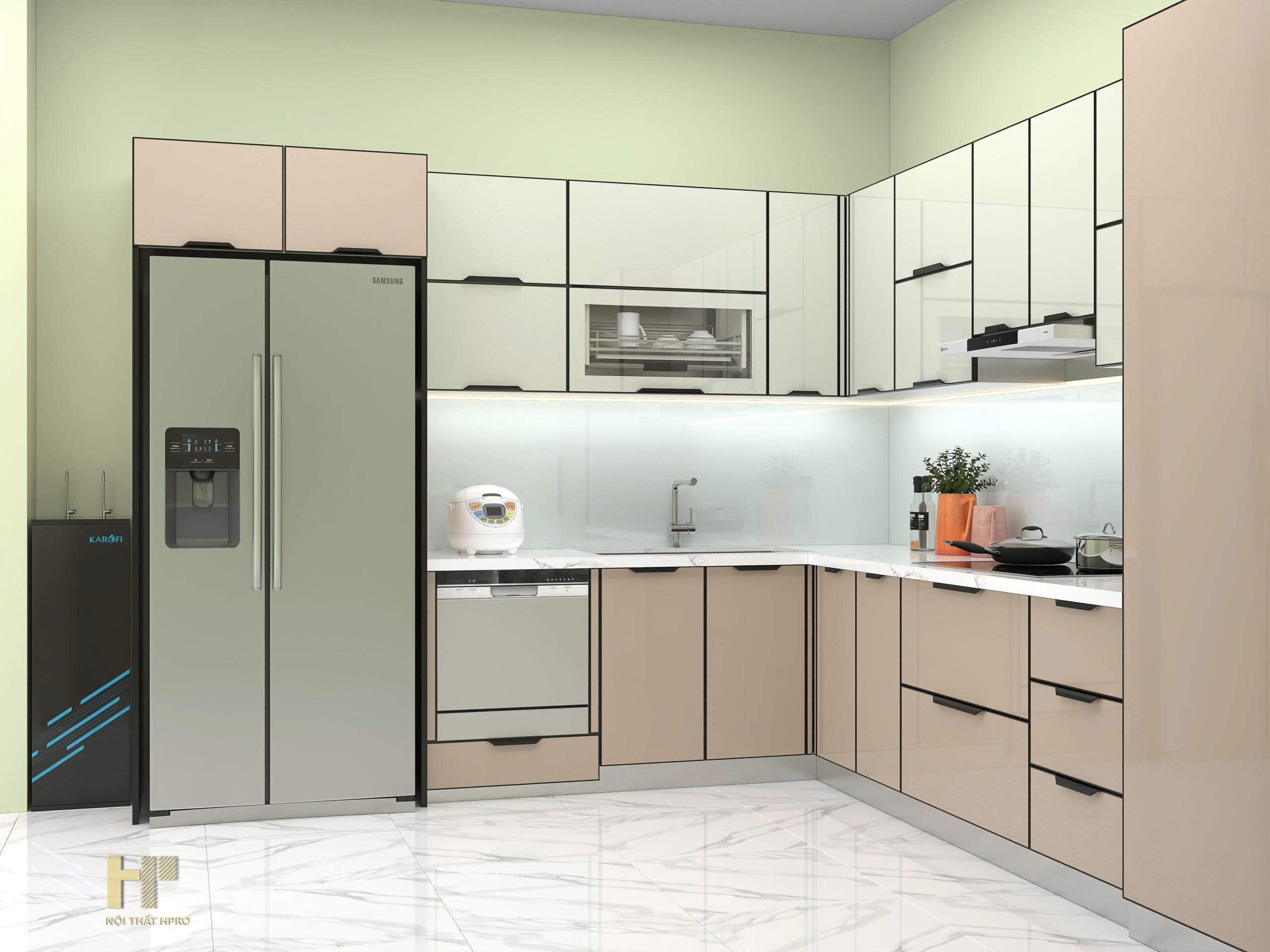 Tủ bếp cánh kính bề mặt nhám mờ , màu vàng cát . Thùng inox304 gập chấn module nổi bật 2026