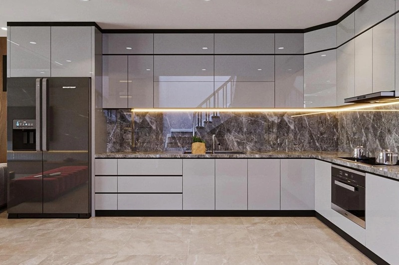 Tủ bếp cánh kính cường lực giúp mang cảm giác sang trọng