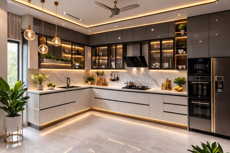Mẫu 14: Mẫu nhà bếp kết hợp kính và LED âm