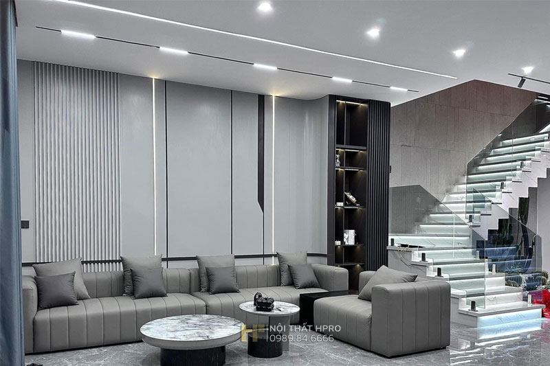 Thiết kế bộ bàn trà - sofa da chữ L phong cách hiện đại