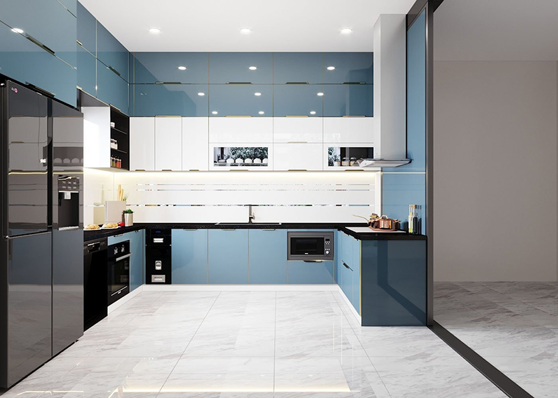 8 mẫu tủ bếp cánh kính chữ U đẹp, hiện đại, sang trọng