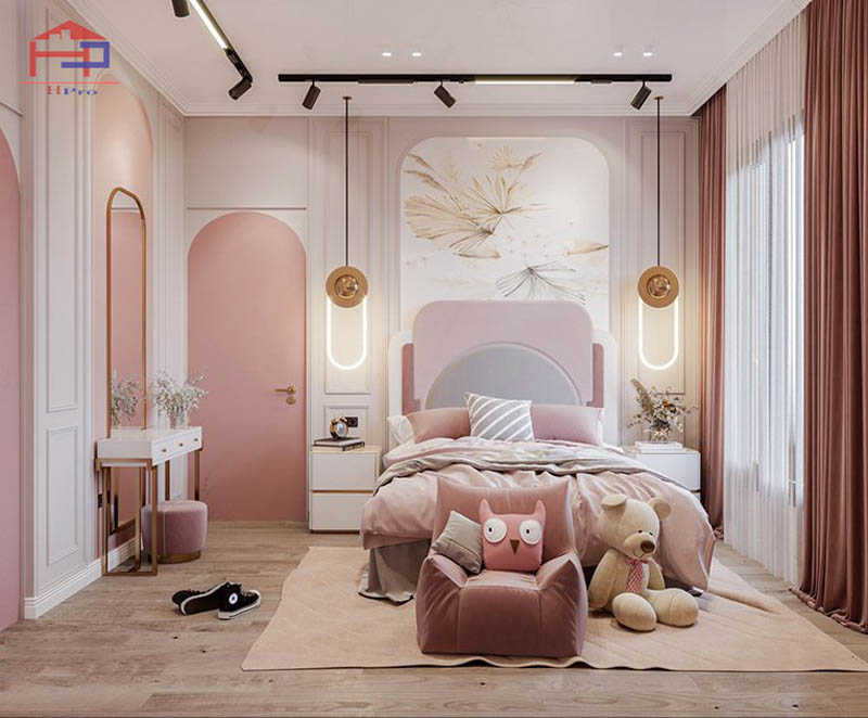 Thiết kế nội thất phòng ngủ cho bé gái tone màu hồng đáng yêu