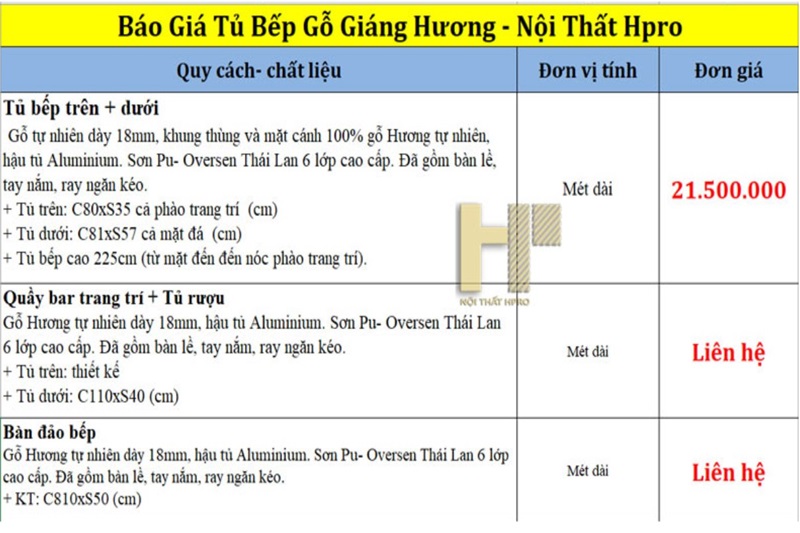 Báo giá tủ bếp gỗ hương tại showroom Hpro