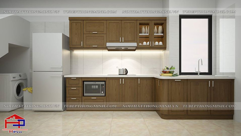 Thiết kế độc đáo của bộ tủ bếp gỗ sồi mỹ TBSM39 nhà chú Đức - Kim Mã