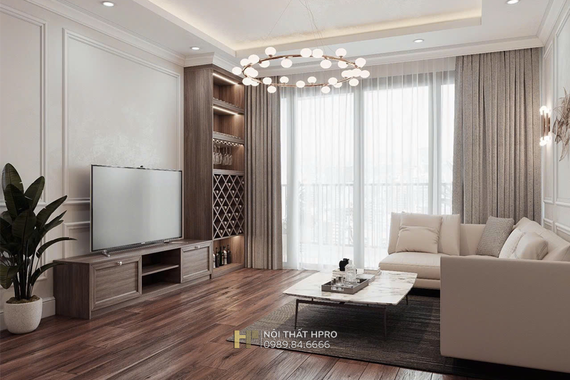 Mẫu thiết kế phòng khách phong cách tân cổ điển pha hơi hướng hiện đại