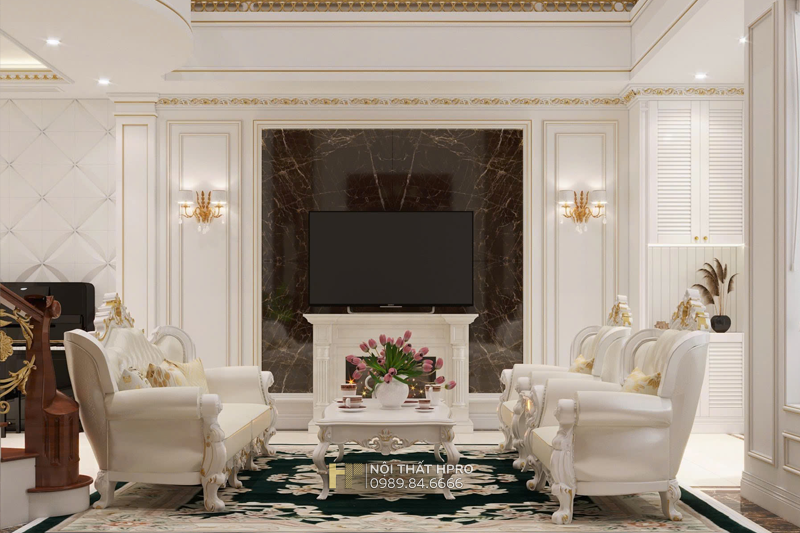 Mẫu thiết kế phòng khách tân cổ điển sang trọng cho biệt thự