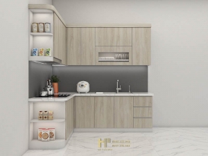 Tủ bếp Laminate TBLM42 nhà chị Nhuần - Vinsmart City vân gỗ tự nhiên