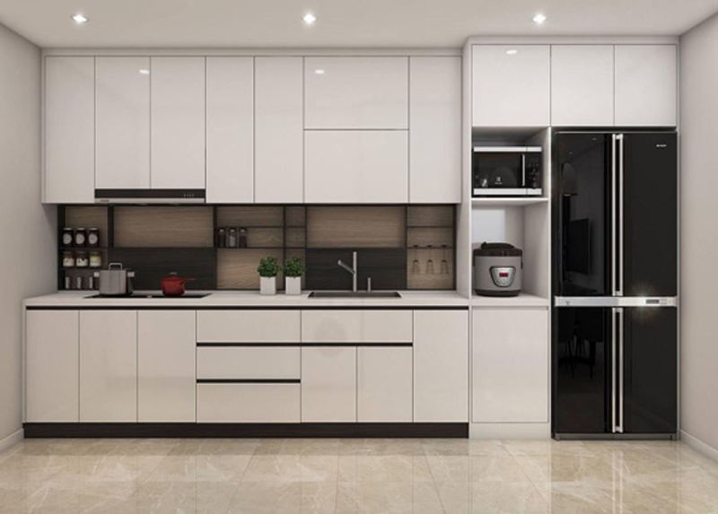 Mẫu 1: Tủ bếp Acrylic hình chữ I màu trắng bóng gương – tối giản, dễ phối nội thất