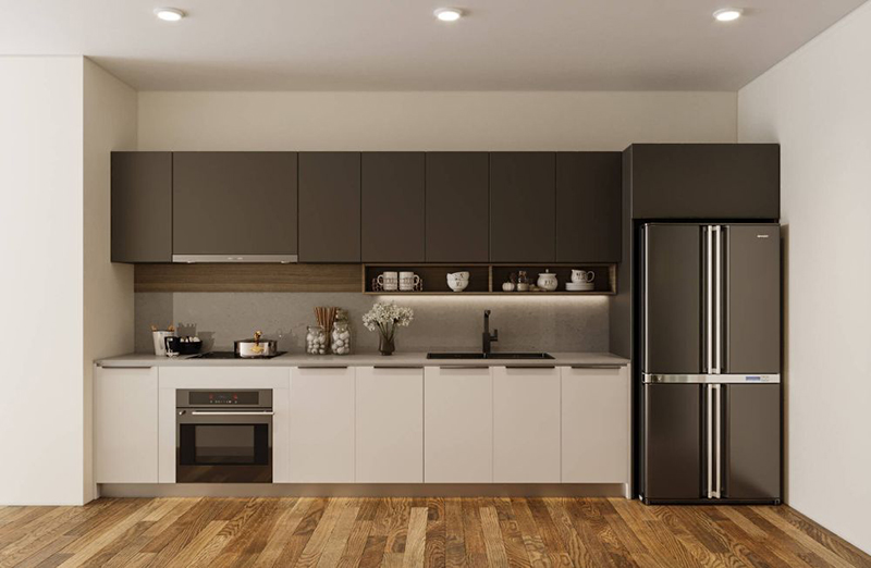 Mẫu 2: Tủ bếp Acrylic chữ I trắng – ghi hiện đại, trẻ trung