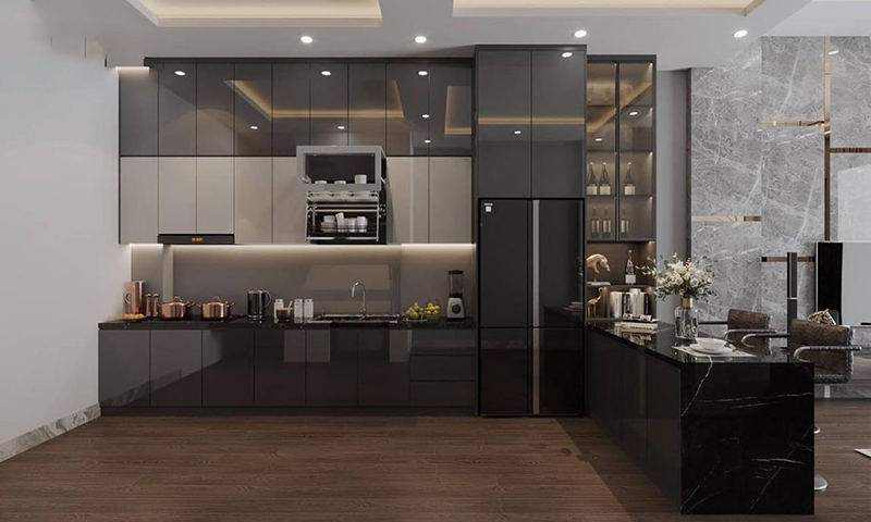 Mẫu 3: Tủ bếp Acrylic chữ I trắng – đen sang trọng