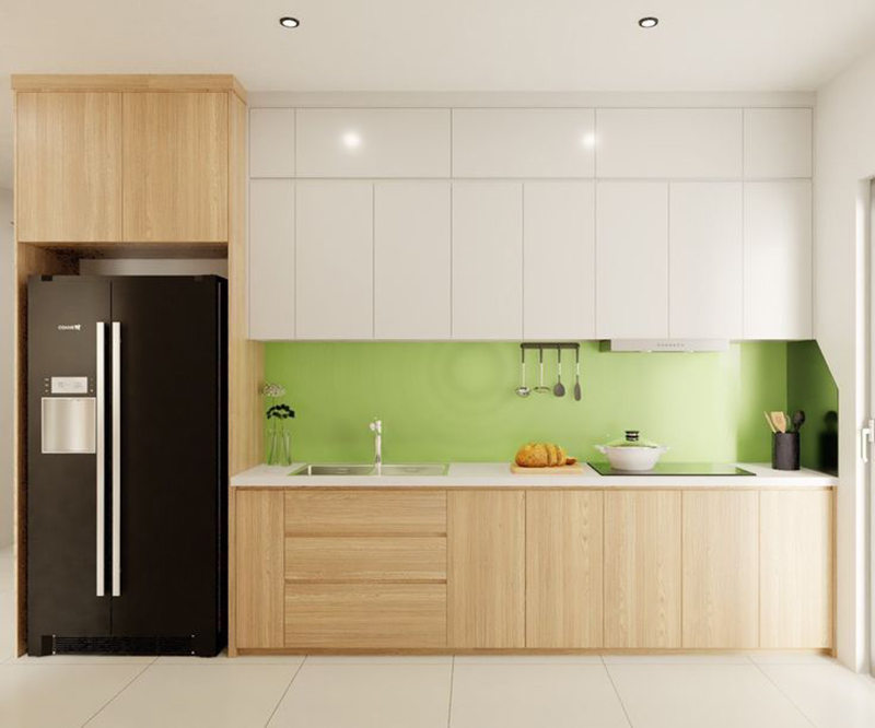 Mẫu 4: Tủ bếp Acrylic mẫu chữ I kết hợp cánh vân gỗ ấm áp