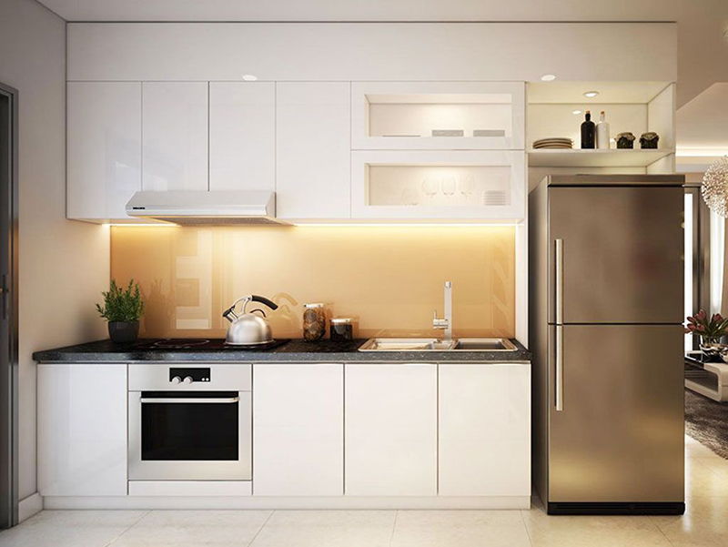 Mẫu 6: Tủ bếp Acrylic chữ I có đèn LED hắt tủ tinh tế
