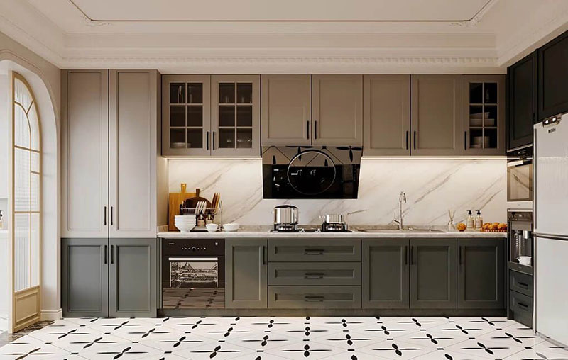 Mẫu 9: Tủ bếp Acrylic hình chữ I phong cách hiện đại châu Âu