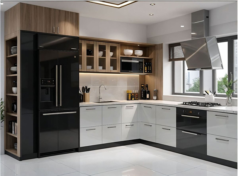 Mẫu 11: Tủ bếp acrylic theo chữ L màu đen – trắng sang trọng