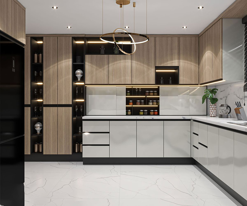 Mẫu 12: Tủ bếp acrylic chữ L kết hợp tủ kho cao