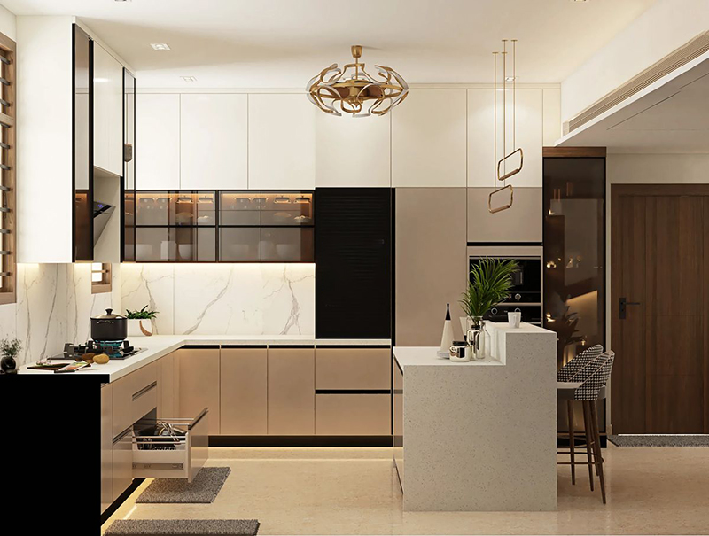 Mẫu 13: Tủ bếp acrylic dạng chữ L thiết kế theo kích thước riêng