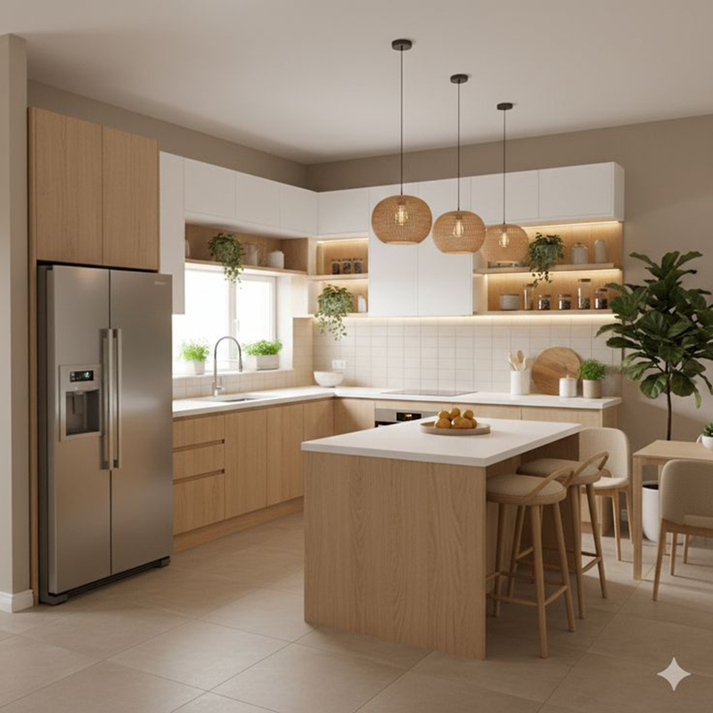 Mẫu 2: Tủ bếp acrylic chữ L trắng – vân gỗ