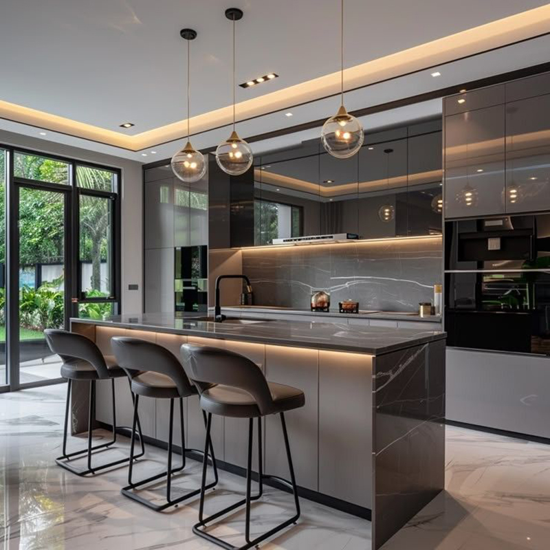 Mẫu 3: Tủ bếp acrylic kiểu chữ L màu ghi xám hiện đại