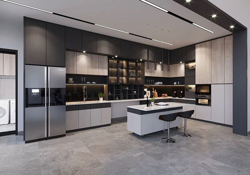 Mẫu 5: Tủ bếp acrylic chữ L kết hợp bàn đảo