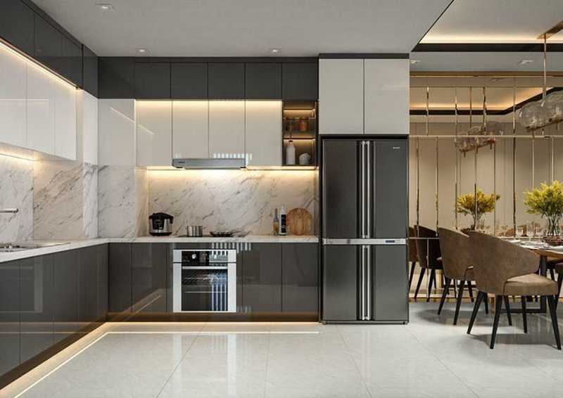 Mẫu 6: Tủ bếp acrylic dáng chữ L phối hai màu tương phản