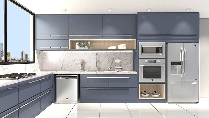 Mẫu 8: Tủ bếp acrylic mẫu chữ L tích hợp thiết bị âm tủ