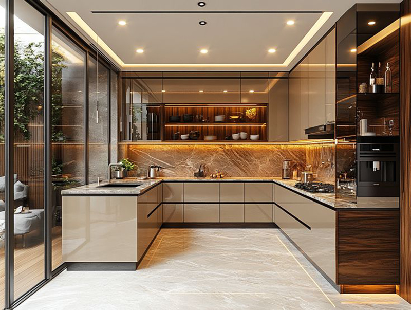 Mẫu 10: Tủ bếp acrylic chữ U kết hợp kính ốp màu