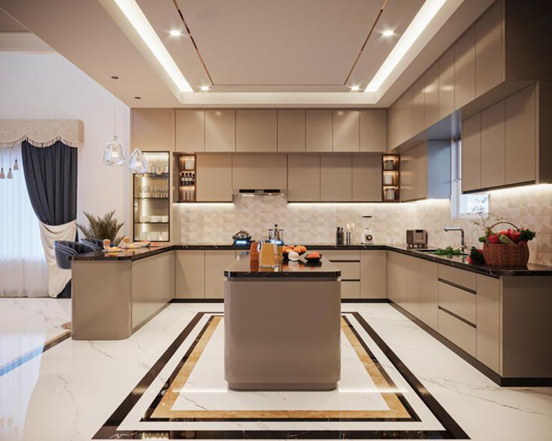 Mẫu 12: Tủ bếp acrylic chữ U cho nhà phố