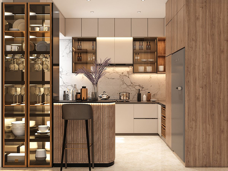Mẫu 13: Tủ bếp acrylic chữ U tích hợp tủ rượu