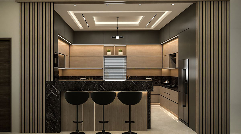 Mẫu 14: Tủ bếp acrylic chữ U kết hợp quầy bar