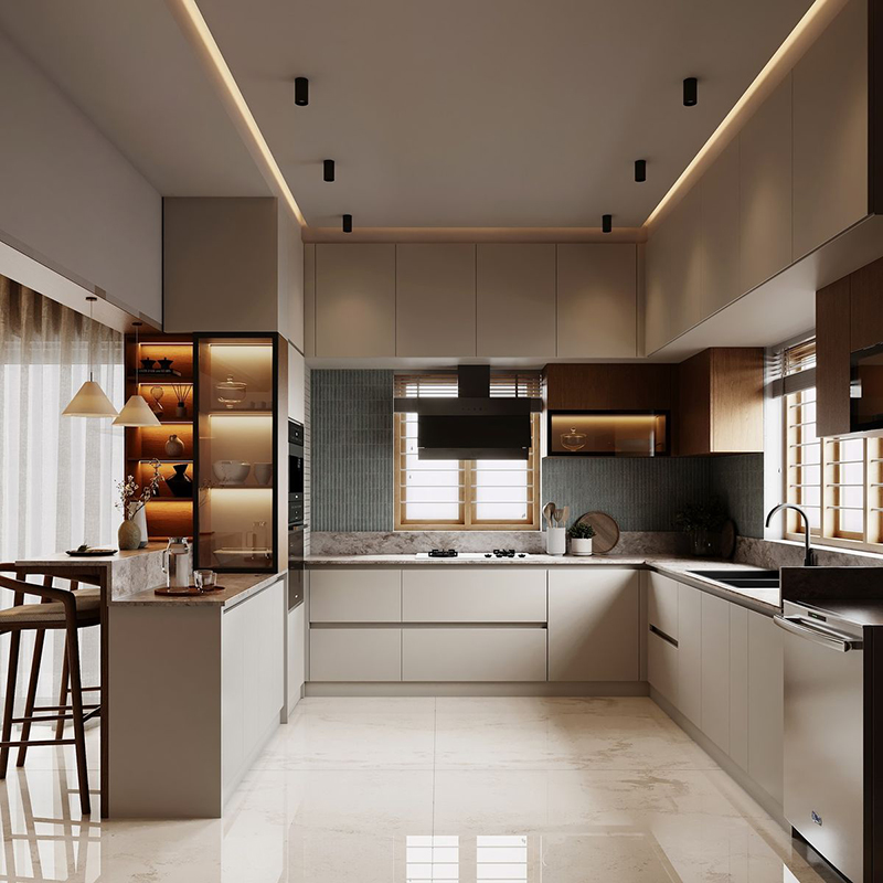 Mẫu 15: Tủ bếp acrylic chữ U thiết kế theo phong thủy