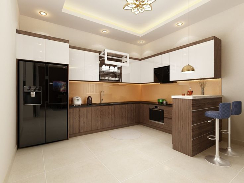Mẫu 3: Tủ bếp acrylic chữ U phối vân gỗ sang trọng