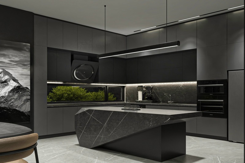 Mẫu tủ bếp Acrylic đen lấy cảm hứng từ Châu ÂU