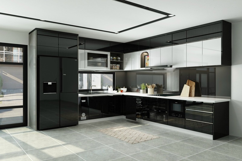 Mẫu tủ bếp Acrylic trắng – đen đối lập độc đáo