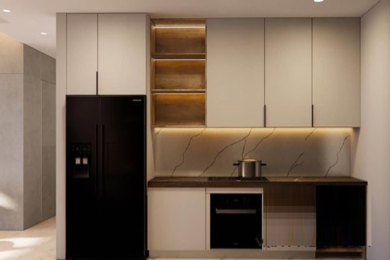 Mẫu tủ bếp Acrylic đen phối màu be tạo gian bếp ấm áp