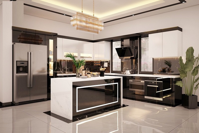 Mẫu tủ bếp có bàn đảo tích hợp sang trọng
