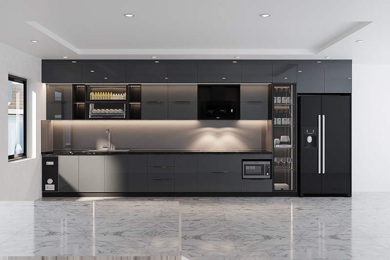 Mẫu tủ bếp Acrylic đen kết hợp đèn LED sống động