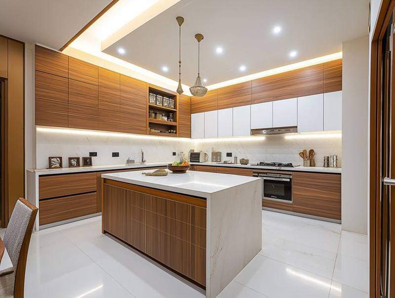 Mẫu 1: Tủ bếp chữ L acrylic gỗ sáng cho chung cư