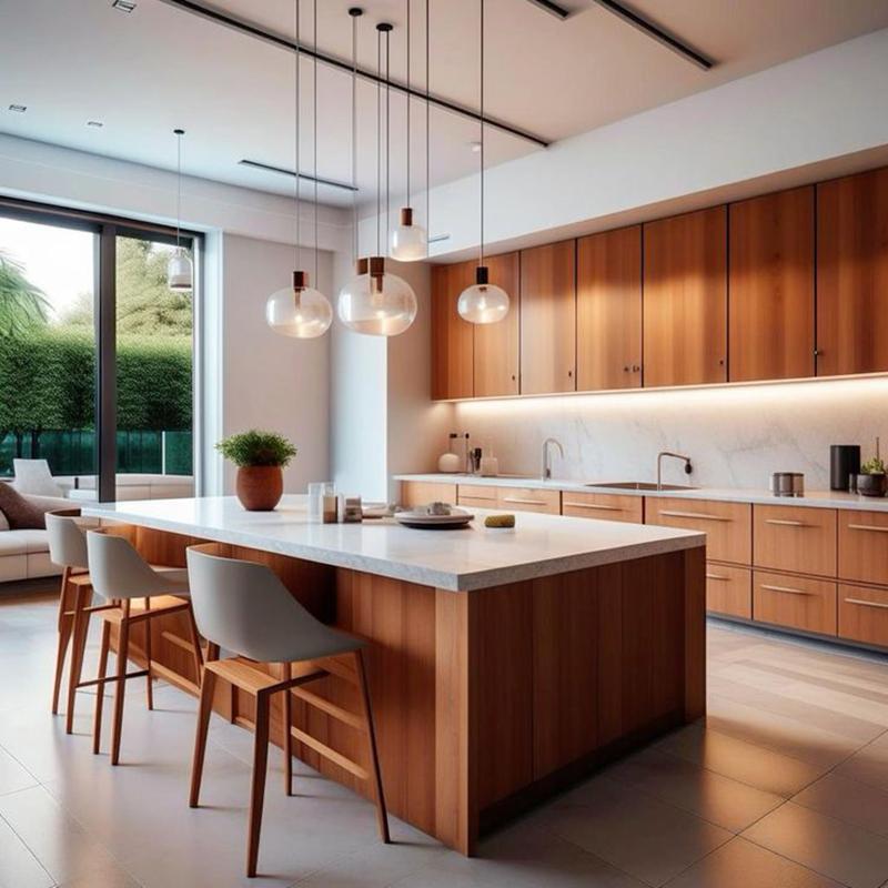 Mẫu 2: Tủ bếp chữ I gỗ trung tính cho nhà nhỏ