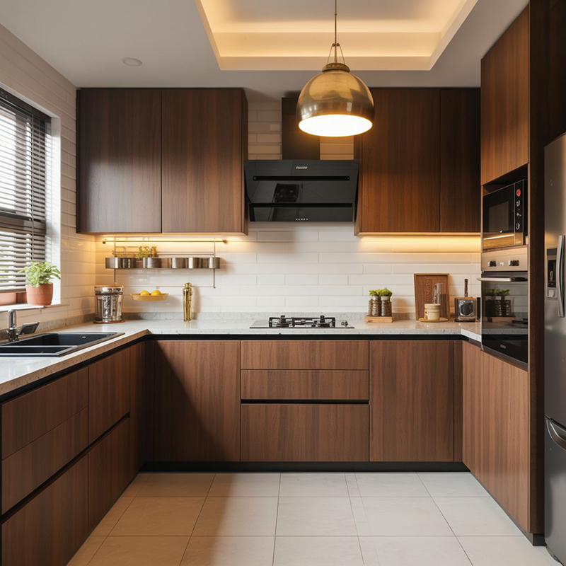 Mẫu 3: Tủ bếp gỗ trầm kết hợp mặt đá trắng