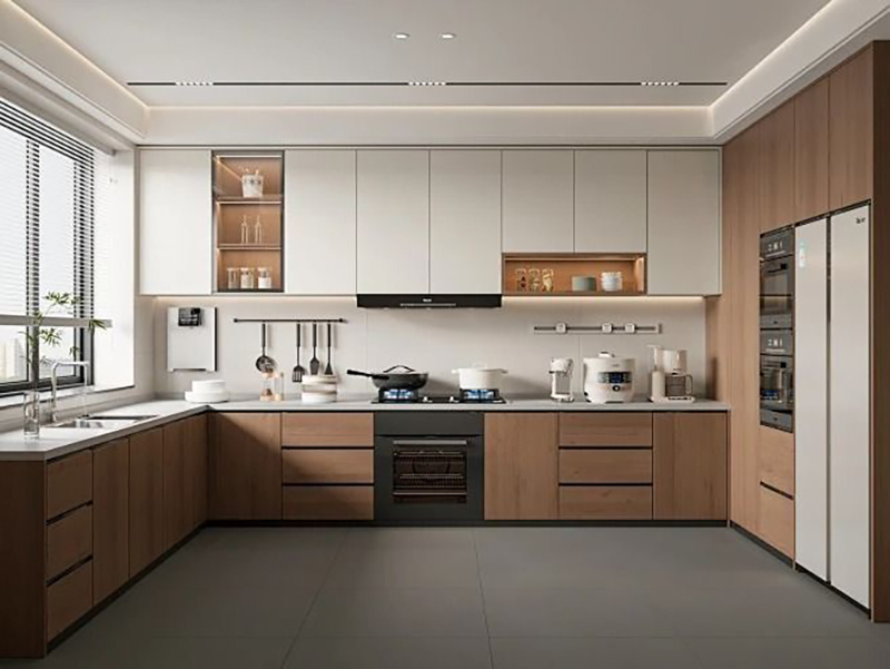 Mẫu 4: Tủ bếp acrylic gỗ sáng phối cánh kính