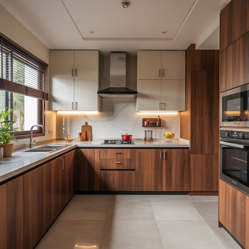 Mẫu 5: Tủ bếp chữ U acrylic màu gỗ hiện đại