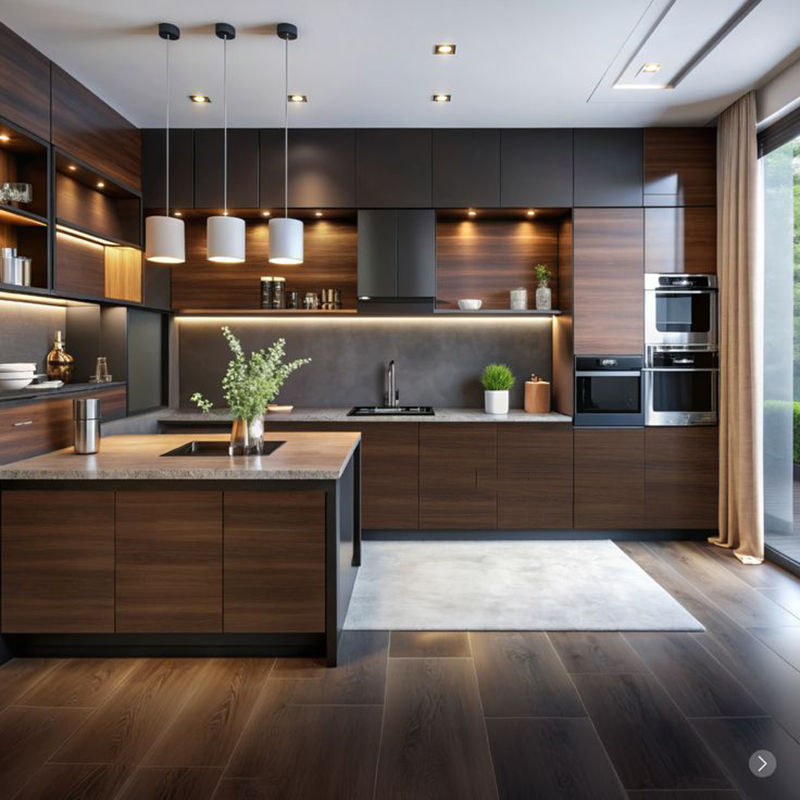 Mẫu 8: Tủ bếp acrylic màu gỗ kết hợp tủ cao kịch trần