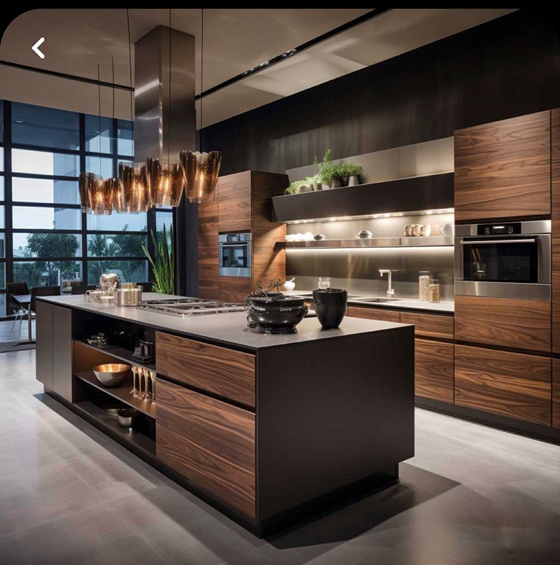 Mẫu 9: Tủ bếp gỗ phối đen tạo điểm nhấn