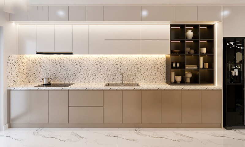 Mẫu 1: Tủ bếp chữ I acrylic màu kem tối giản cho chung cư nhỏ